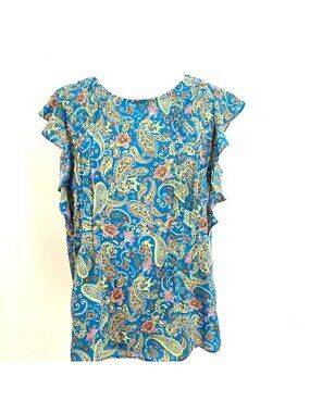 Counterparts Teal Pleated Ruffle Paisley Sleeveless Blouse Women Size S